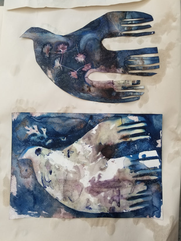 Artistic depiction of birds with floral elements on a textured surface