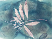 Cyanotype print with leaf design on a textured green background