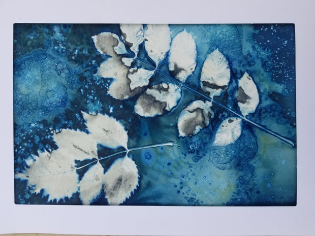 Artistic depiction of leaves on a blue textured background