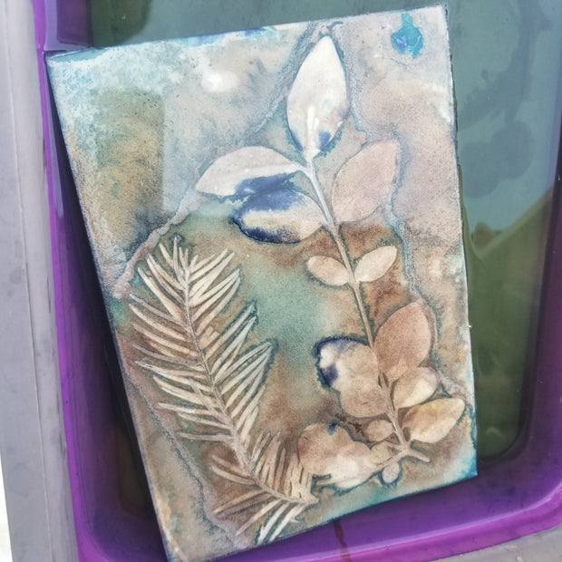 Cyanotype print with leaf design on a purple surface