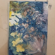 Abstract art piece with floral elements on a textured surface