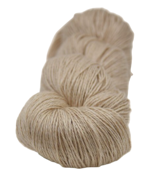 beige coloured skein of yarn on a white background