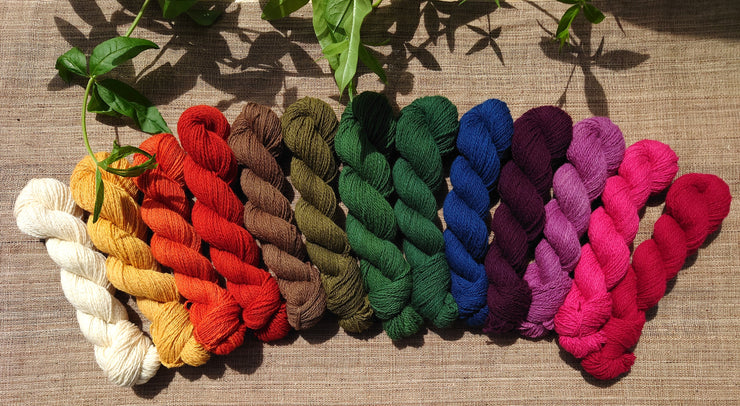 Eriu yarn naturally dyed colour palette in the sunshine