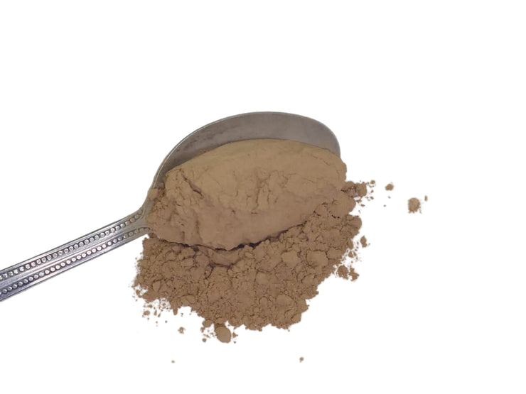 Spoonful of brown quebracho powder on a white surface