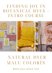 Promotional graphic for a botanical dyeing course with natural dyed fabrics and text.