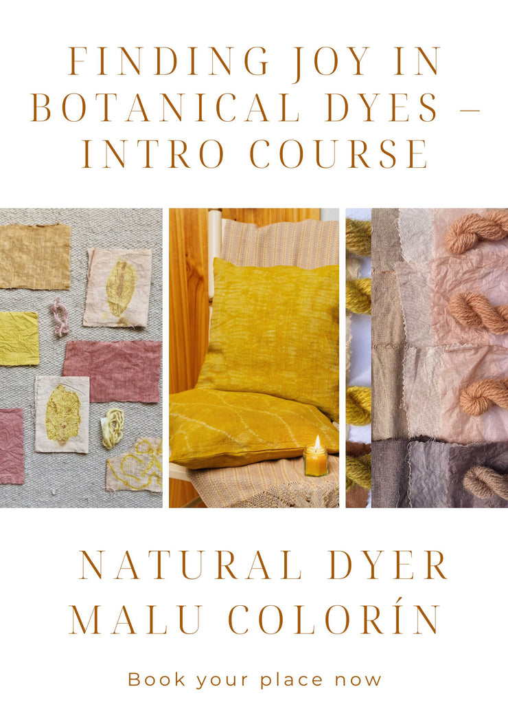 Promotional graphic for a botanical dyeing course with natural dyed fabrics and text.
