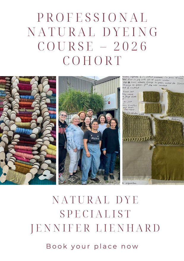 Advertisement for a professional natural dyeing course featuring images of dyed fabrics and a group of people.