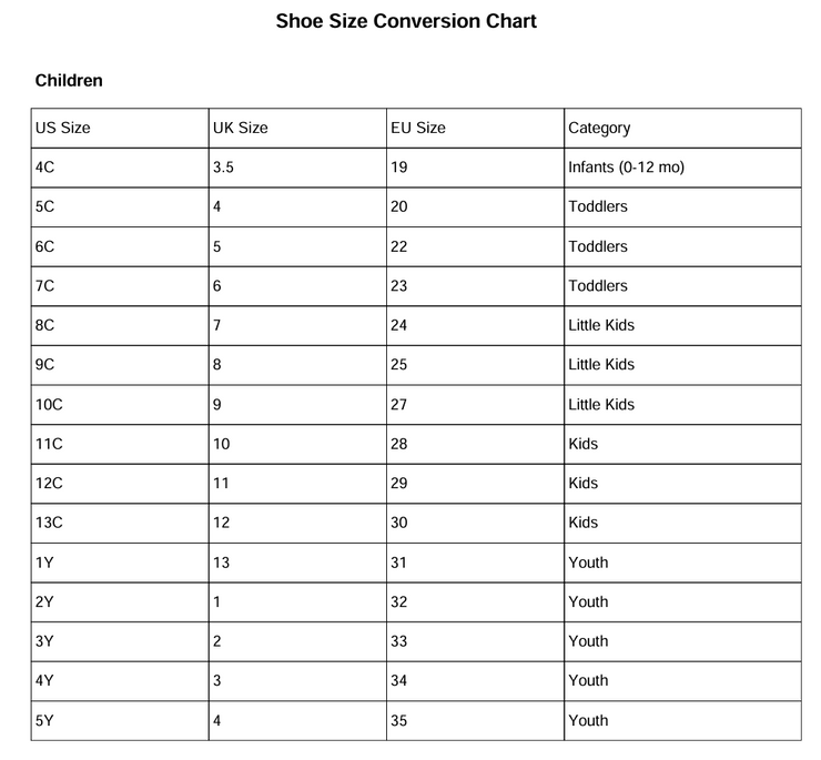 Shoe size conversion chart for children.