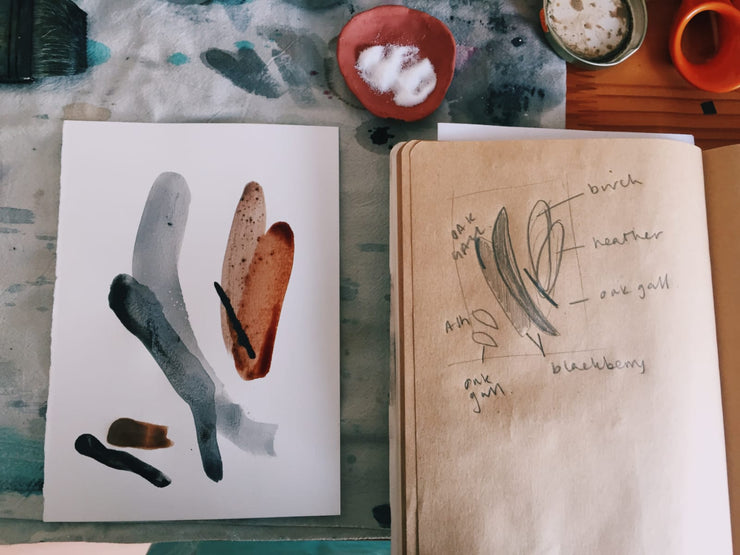 Artistic drawings of leaves on a piece of paper next to a sketchbook with notes on a textured surface.