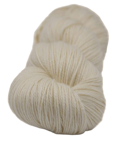 Natural white merino, yak and silk yarn on a white background