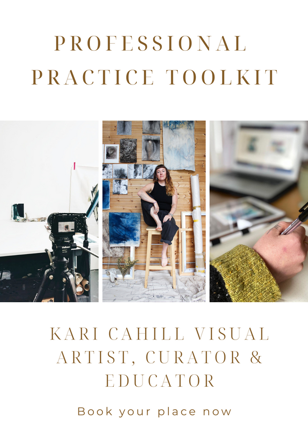 Promotional image for a professional practice toolkit by Kari Cahill, featuring images of an artist in a studio and a person holding a pen.