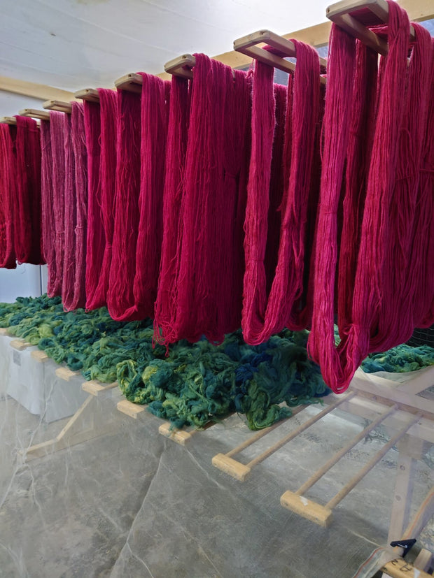 madder dyed yarn in the dry room