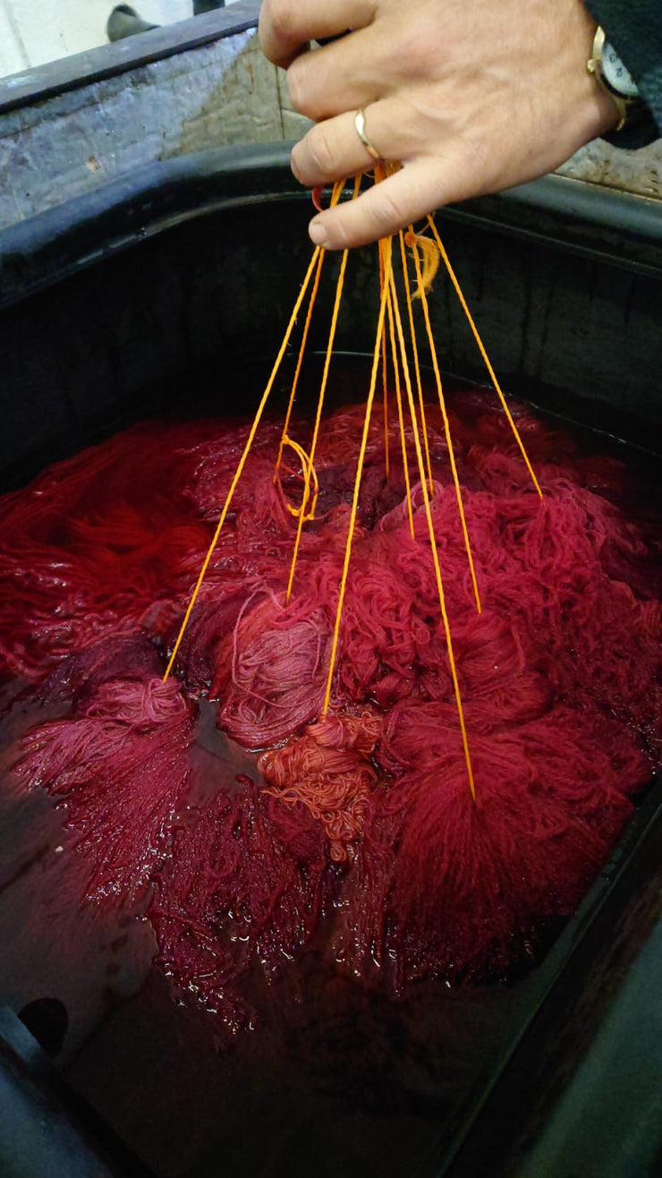 Madder  dyed yarn in the dye bath