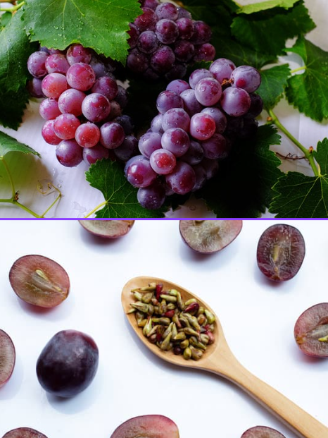 Grapes and grapeseeds on a spoon