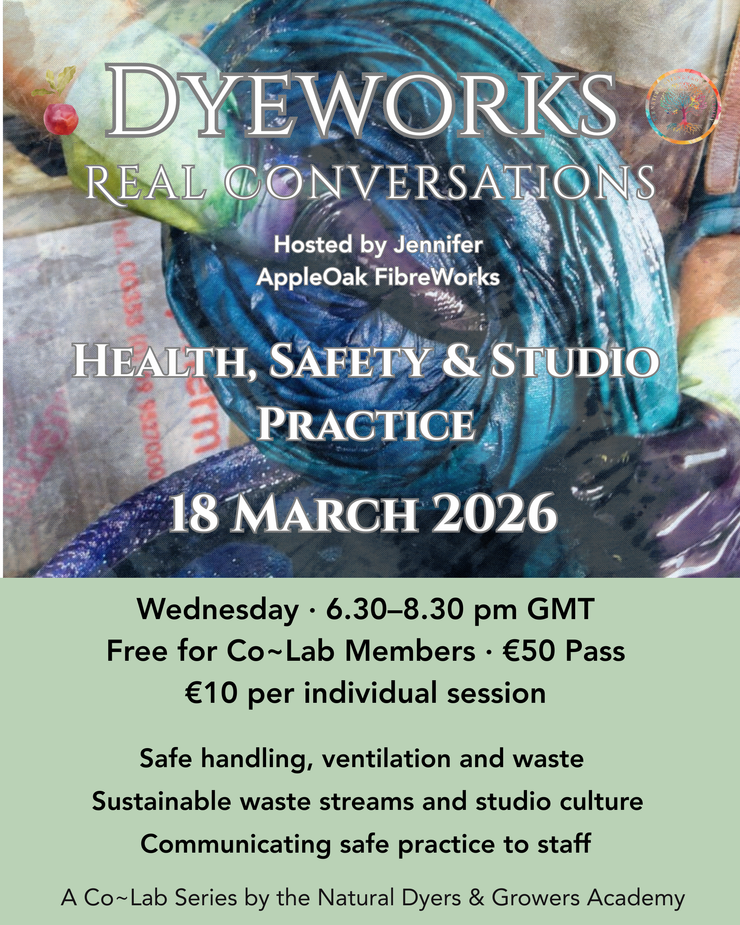 Promotional flyer for a Dyeworks event on health, safety, and studio practice with a blue skein of yarn.