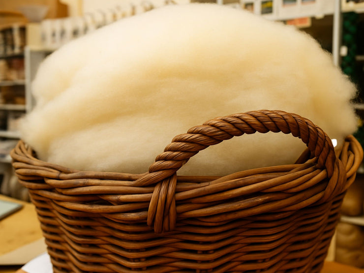 Basket filled with white lanolin fleece in a store setting
