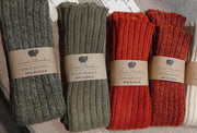 naturally dyed green and madder orange leg warmers