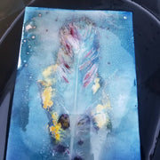 Abstract artwork with a feather design on a blue background