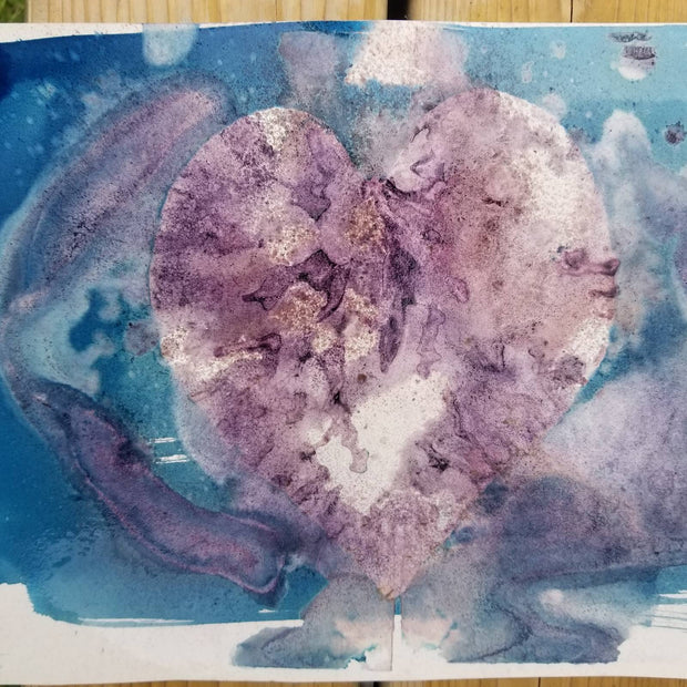 Artistic depiction of a heart with abstract patterns in purple, blue, and white on a textured surface.