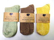 Viola hemp and organic cotton sock naturally dyed in green brown and yellow