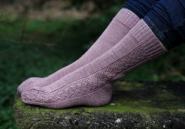 A pale Fire knitting pattern design for socks by Ailbíona McLochlainn using turin yarn