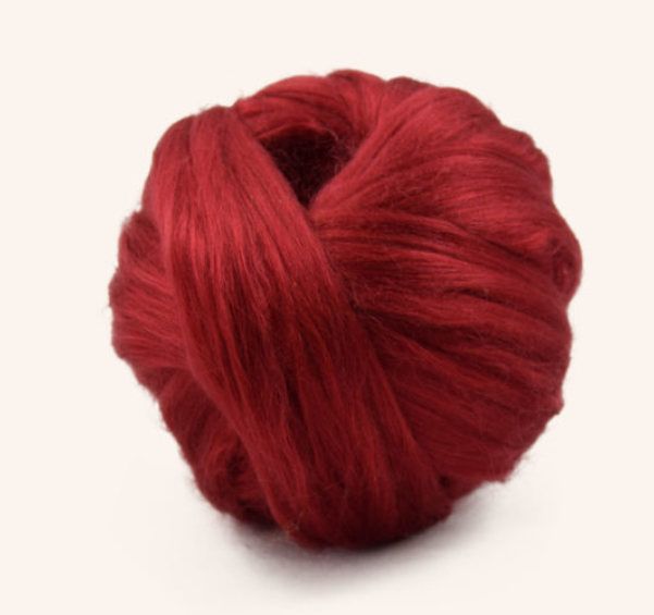 50% merino and 50% mulberry silk in Fireheart deep red colourway