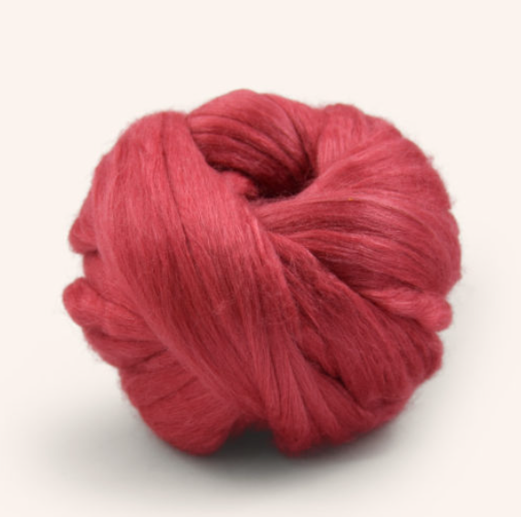 50% merino and 50% mulberry silk in Rosebud red colourway