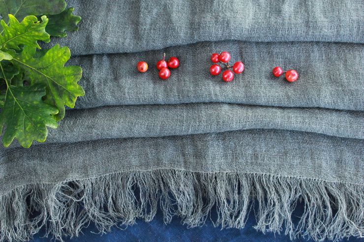 Walnut naturally dyeing Linen scarf, handmade in ireland detail