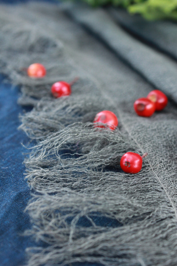 Walnut naturally dyeing Linen scarf, handmade in ireland fringe